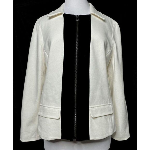 Chico's Winter White Zip Front Knit Jacket Sz Medium Lined Color Blocked - Picture 1 of 6